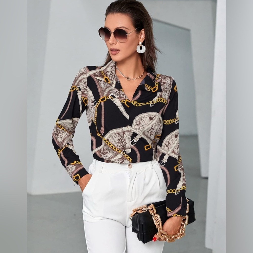 Collared button down shirt, chains belts and snakeskin size medium